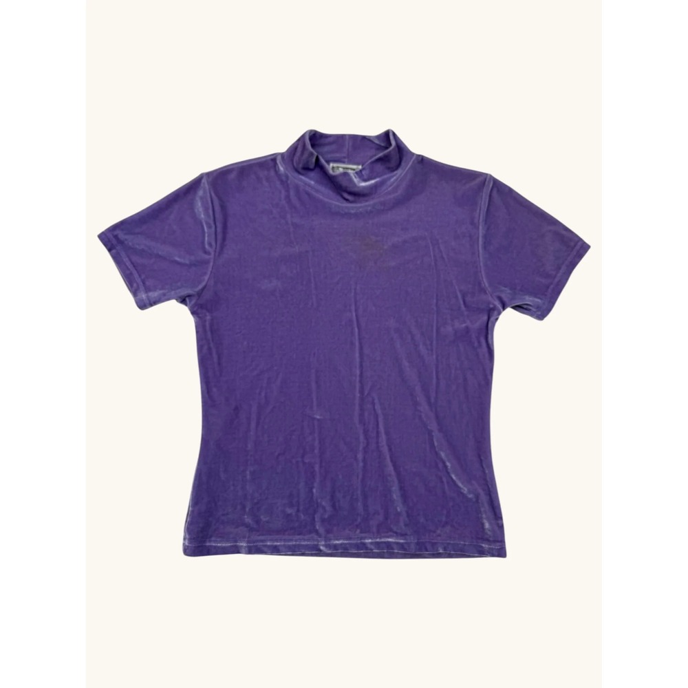 Erik Stewart Purple Velvet Mock Neck Short Sleeve Top Women Small Stretch Violet